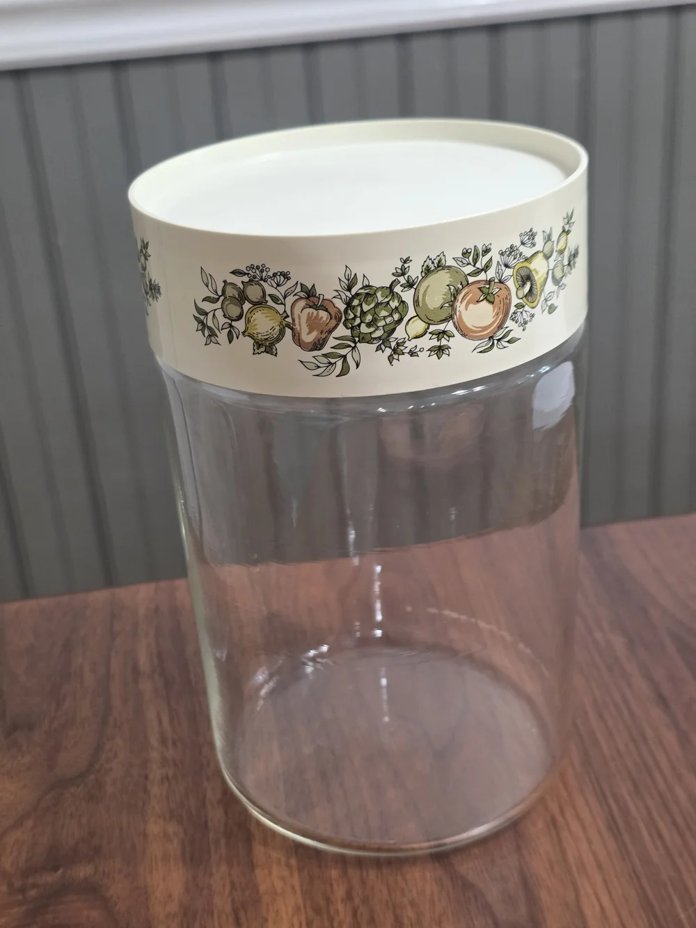 Pyrex Cream-Lid Glass Canister with Fruit Motif Vintage 70s Harvest